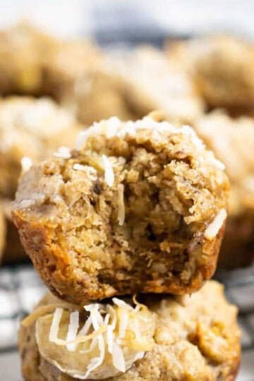 a white bowl of mini coconut banana baby muffins