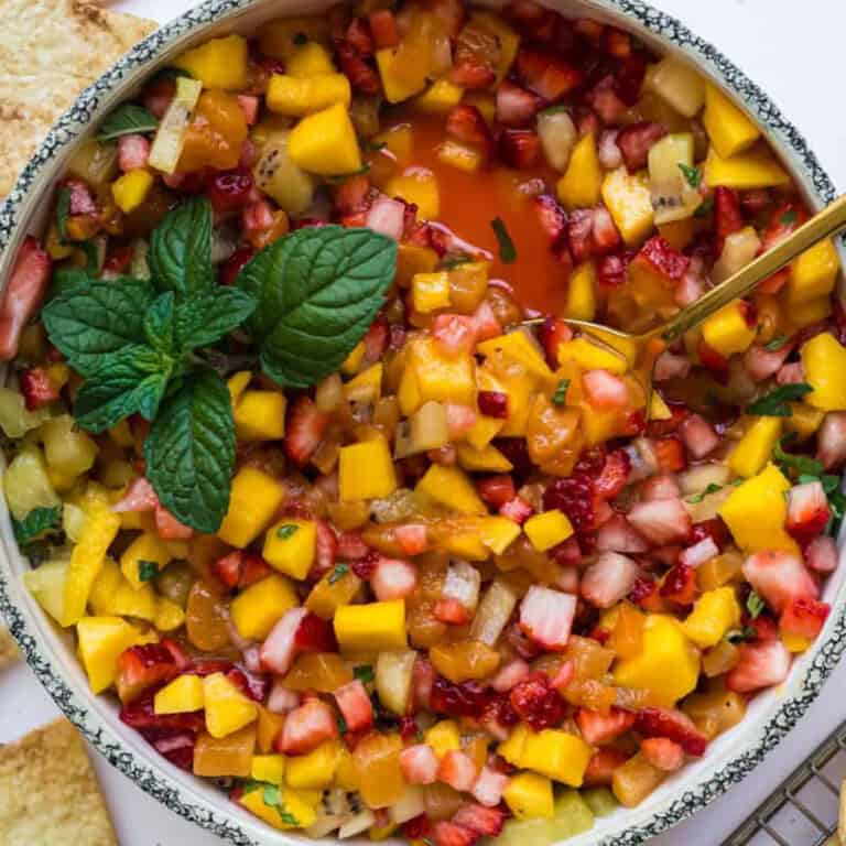fruit salsa with a mint garnish