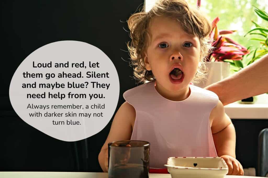 An image of a toddler gagging on food in her high chair. The text on the image says "loud and red, let them go ahead. Quiet and blue? They need help from you."